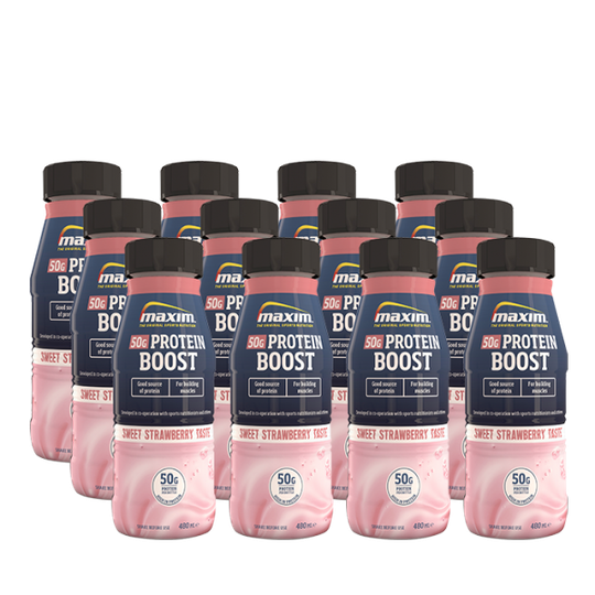 12 x Maxim Protein Boost, Strawberry Blast, 480 ml, kort datum