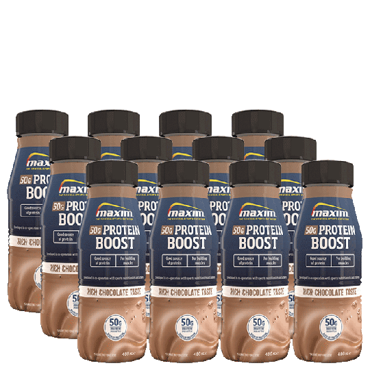 12 x Maxim Protein Boost, Chocolate, 480 ml, kort datum