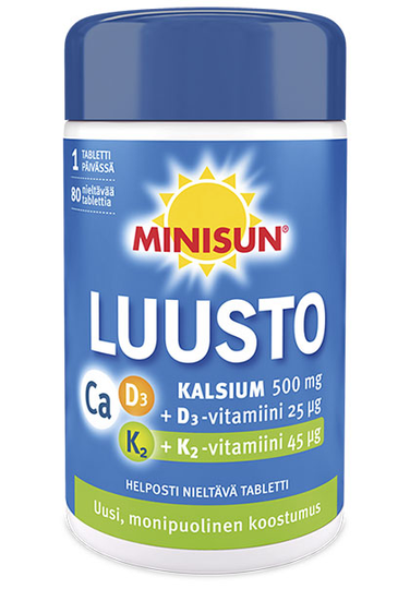 Minisun Kalsium+D 25 mikrog+K2 45 mikrog 80 tabl (kalsium 500 mg)
