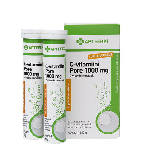 APTEEKKI C-Vitamiini Pore 1000 mg 40 tabl. (tuplapakkaus)